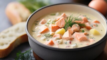 Flavorful bowl of Thai-inspired coconut salmon soup, infused with aromatic lemongrass