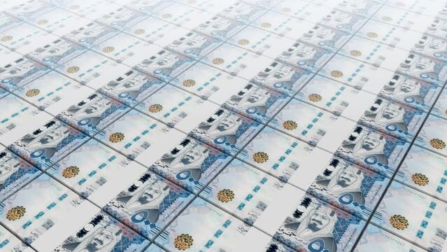 Saudi Arabia 500 Riyals Banknotes. Pile of Saudi Riyal Banknotes of 500 SR. 4k Loop video.