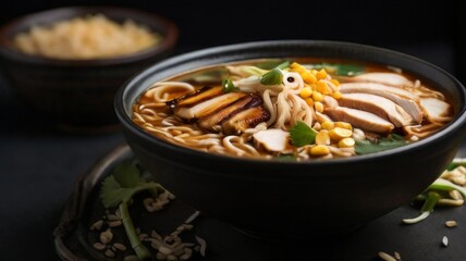 An appetizing bowl of spicy miso ramen soup, featuring curly ramen noodles swimming in a rich and hearty miso broth