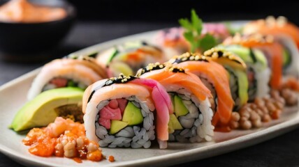 An appetizing plate of rainbow sushi rolls, filled with a colorful array of fresh fish