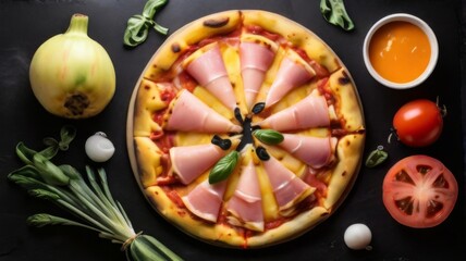 An appetizing top-down view of a Hawaiian pizza on a black surface