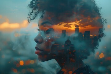 A serene multi-exposure image captures an African American woman's profile superimposed on the awakening city at dawn, blending the quiet of morning with urban awakening