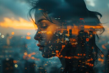 A serene woman's profile with the city's evening lights and sunset hues softly reflected on her visage, evoking a feeling of urban tranquility