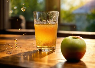 Natural apple juice in a transparent glass on a wood table