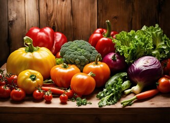 Bright fresh vegetables on wooden background