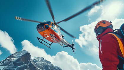 Red Medical Rescue helicopter landing in high altitude Himalayas mountains. High Himalayas expedition during mount climbing. Travel, active people, safety and Traveling insurance concept image. - obrazy, fototapety, plakaty