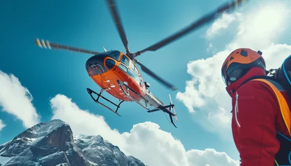 Photo sur Plexiglas Himalaya Red Medical Rescue helicopter landing in high altitude Himalayas mountains. High Himalayas expedition during mount climbing. Travel, active people, safety and Traveling insurance concept image.
