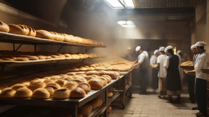 Bakery with an array of freshly baked bread loaves