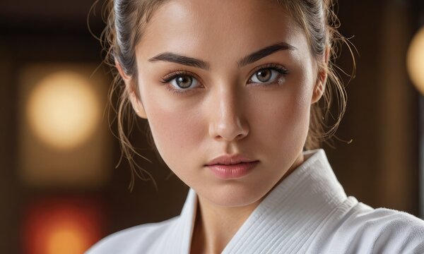 Karate Confidence: Beautiful Fighter Woman Commands Respect in White Kimono