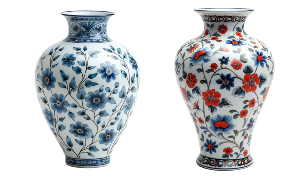 Porcelain flower vase with patterns around it isolated on transparent background
