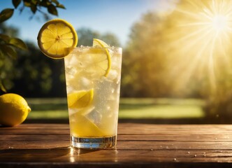 Refreshing lemonade with ice in a transparent glass with lemon slices