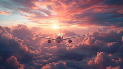 Passenger plane flying above the clouds - obrazy, fototapety, plakaty