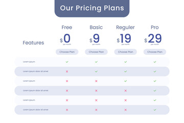 Business plan pricing table. Comparison table infographic.