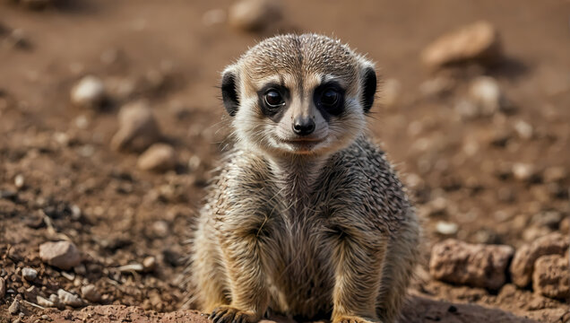 A close-up of a meerkat standing on its hind legs with its tiny front paws on the earth, peering at the camera.