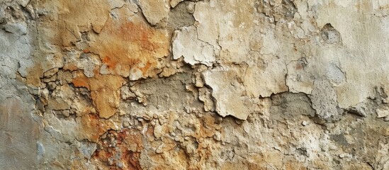 A detailed view of a beige concrete wall with peeling paint, revealing the bedrock pattern underneath.