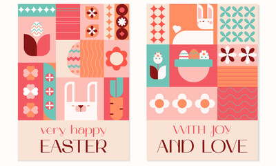 Happy Easter with joy and love geometric square bright flat greeting cards set. Easter eggs,rabbits,basket,eggs hunt.Vector illustration