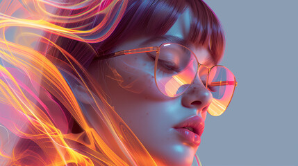 Sensual beauty portrait of glamour woman with fiery flow and classic glasses. Poster with alluring female for eyewear advertising; striking glamor model flowing flames . Feminine appeal concept