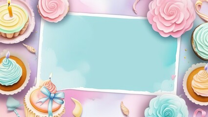 A pastel-colored birthday frame with free space for text, a greeting card with cakes and gift boxes