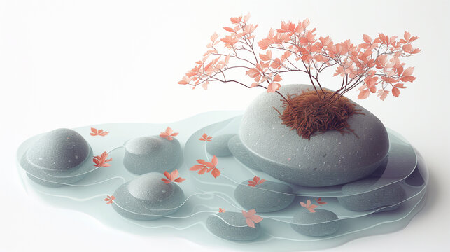 Zen garden with water ripples and stones. Relaxation and meditation concept. Wellness and spa background. Soft and abstract nature image. Japanese and oriental style