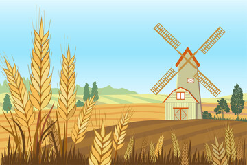 Countryside landscape with house, windmill, wheat ears, fields and trees. Vector illustration