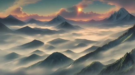 Photo sur Plexiglas Matin avec brouillard sunset sky mountains beautiful deep landscape fog