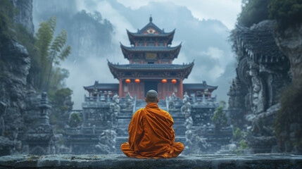 Buddhist monk meditating in front of an old temple in the mountains. - Powered by Adobe