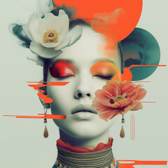 Modernist collage of a female portrait with abstract forms and flowers. Red eyeshadow. Oriental atmosphere, meditative woman face for meditation concept. Closed eyes, yoga and mindfulness