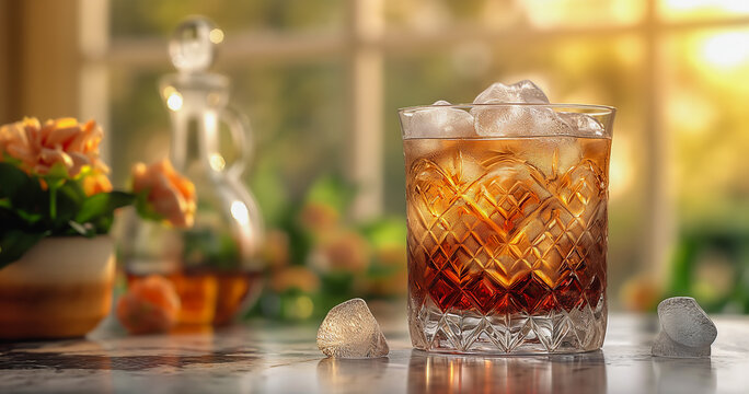 Black Russian cocktail, front view drink, AI generated image