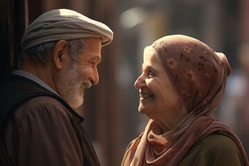 Elderly couple in traditional clothing sharing a moment of laughter