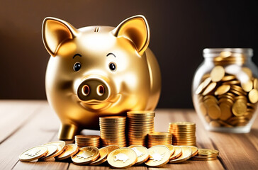 Piggy bank in the shape of a pig with gold coins. Coin box in the shape of a pig. Blurred background. Generative AI. - 732587004
