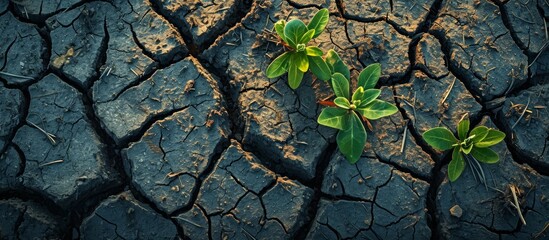 A tiny plant emerges from the arid soil, bravely defying the cracked earth's harsh conditions. - obrazy, fototapety, plakaty