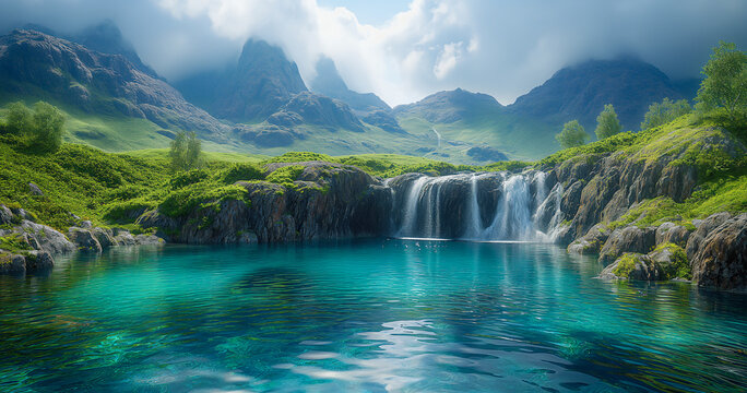 Natural landscapes and stages, beautiful waterfalls and streams, AI-generated images