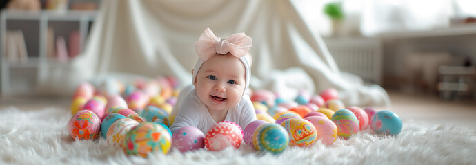 Baby newborn easter joyful event with colorful eggs