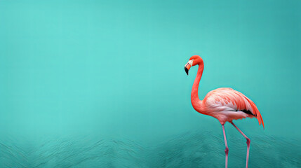 pink flamingo on turquoise background isolated, copy space