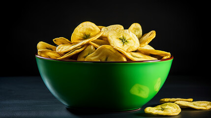 Close up of banana chips in a green bright bowl on a dark background isolated. Dry Banana Chips Snacks, Kela Waffles, Kerala Food, Fried Hot & Spicy Food