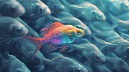 Rainbow colored fish in a swarm of grey fishes.