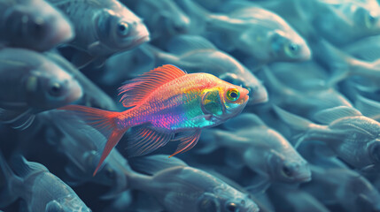 Fototapeta premium Rainbow colored fish in a swarm of grey fishes.