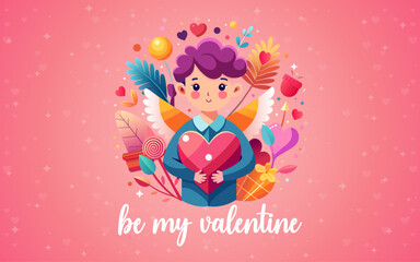 Be My Valentine Background with Cupid Boy Clipart, Heart, and Floral Design Vector Illustration.
Happy Valentine's Day Wallpaper, Flyers, Invitation, Posters, Brochure, Banners Design Template in Pink