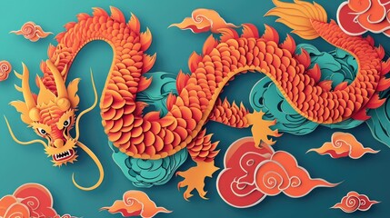 Intricate chinese zodiac dragon paper cut craft with ocean waves and clouds for chinese new year