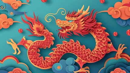 Fototapeta na wymiar Whimsical paper cut illustration of chinese zodiac dragon with ocean waves and clouds for chinese new year