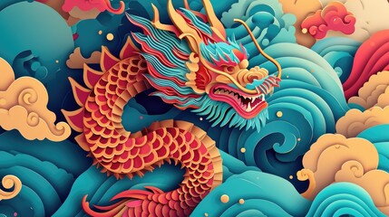 Captivating paper cutting of chinese zodiac dragon with ocean waves and clouds for chinese new year