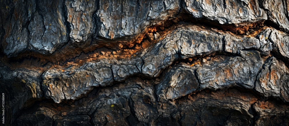 Poster a detailed view of the tree trunk showcases the intricate patterns of its bark, resembling a bedrock