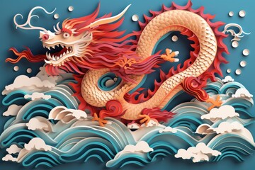 Captivating layered paper cutout of chinese zodiac dragon with ocean waves and clouds for chinese new year
