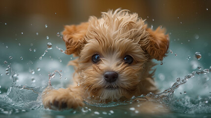 A funny Maltipoo puppy is having fun splashing in the water in the pool in the summer