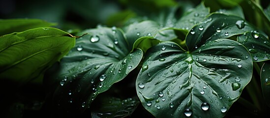 Fototapeta premium Tropical leaves with natural raindrops in the garden in the morning