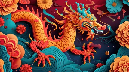 Delicate paper cut design portraying chinese zodiac dragon with ocean waves and clouds for chinese new year