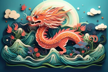 Fototapeta na wymiar Intricate layered paper cut design of chinese zodiac dragon with ocean waves and clouds for chinese new year