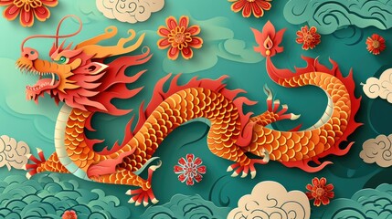Charming intricate paper cutout of chinese zodiac dragon with ocean waves and clouds for chinese new year
