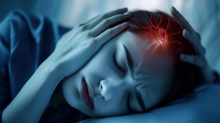 A sleepless man suffers from insomnia, sleep apnea, or stress. Tired and exhausted guy. Headache or migraine. Awake in the night. A frustrated person with problem Tired and exhausted guy.