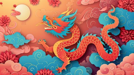 Elegant layered paper cutout of chinese zodiac dragon with ocean waves and clouds for chinese new year